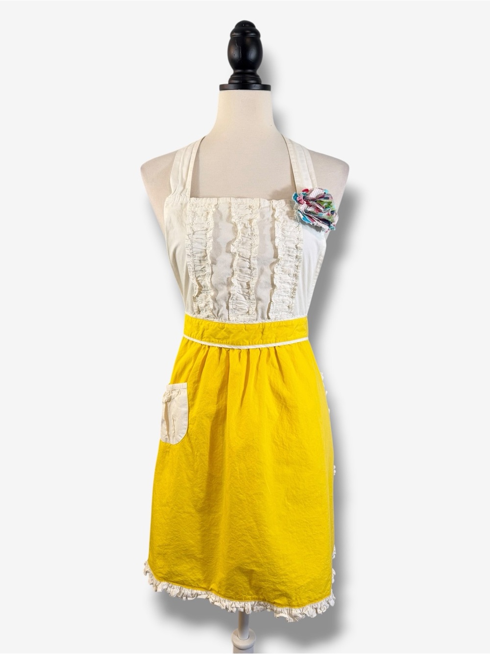 Anthropologie Halter Apron White Yellow Rosette Ruffle Boho Vintage Cotton